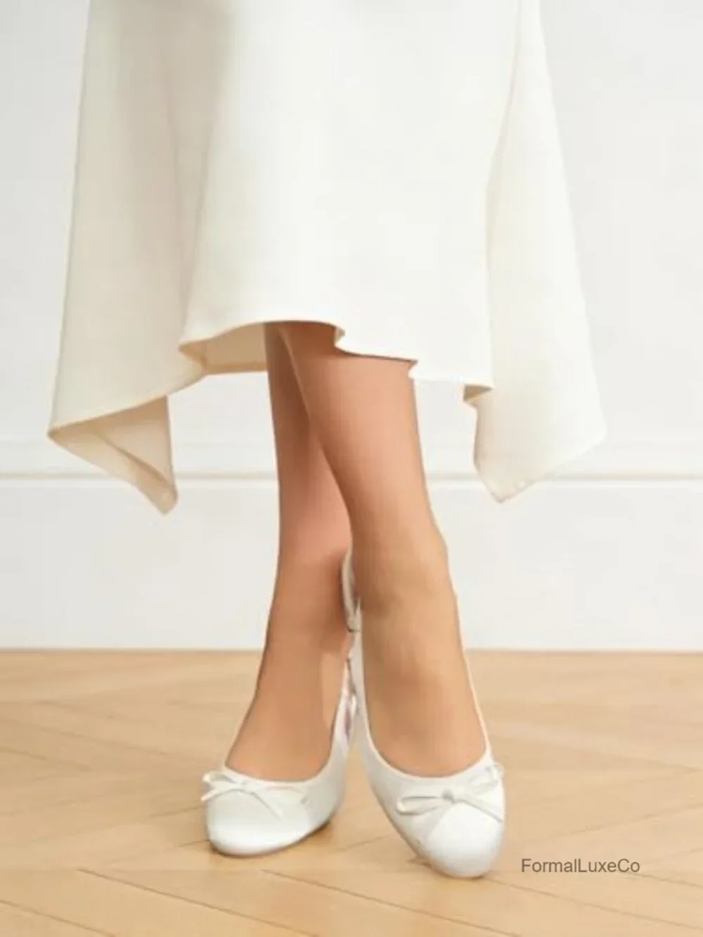 Chunky Low Heel Slingback Ballet Bow Pumps Closed Toe Wedding Dress Shoes